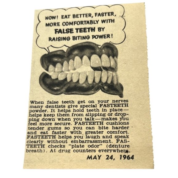 Fasteeth False Teeth Powder Print Ad Vintage 1964 Dentistry Biting Power - Picture 1 of 3